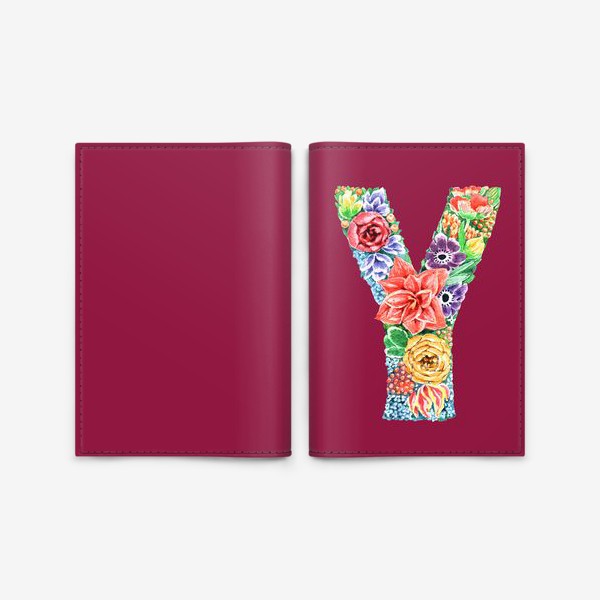 Обложка для паспорта «Цветочный алфавит. Буква Y на малиновом фоне»