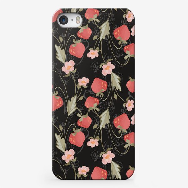 Чехол iPhone «Паттерн клубника ягоды на черном»