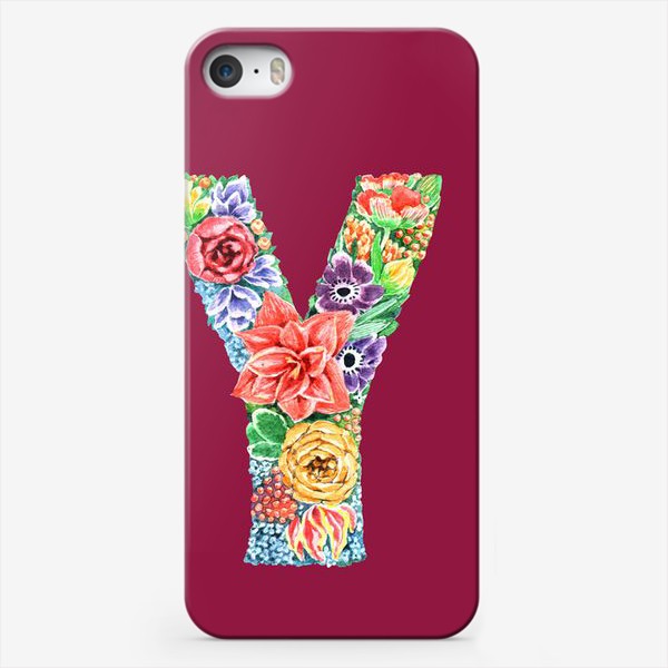 Чехол iPhone &laquo;Цветочный алфавит. Буква Y на малиновом фоне&raquo;