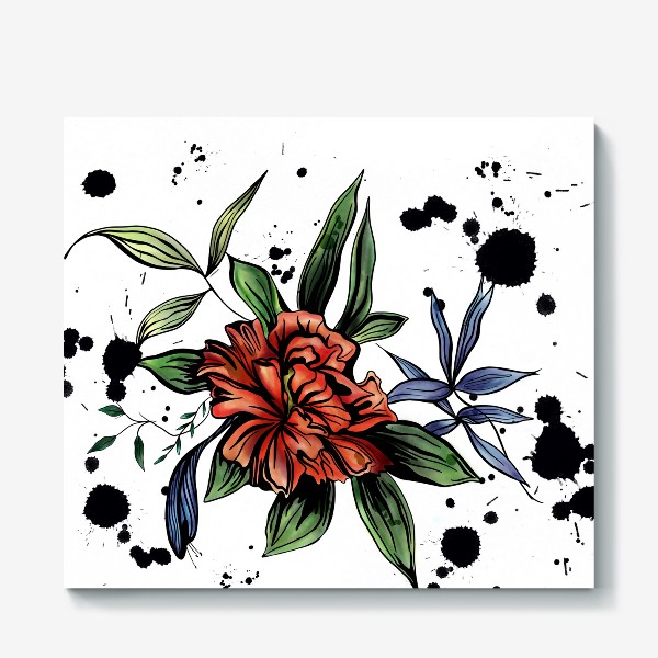 Холст «Красный цветок с черными брызгами»