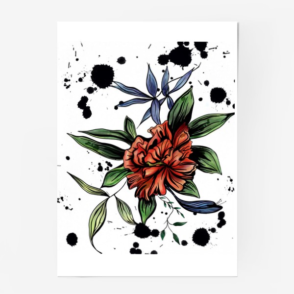 Постер «Красный цветок с черными брызгами»