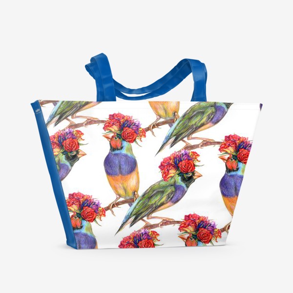 Пляжная сумка «Птички амадины и розы»