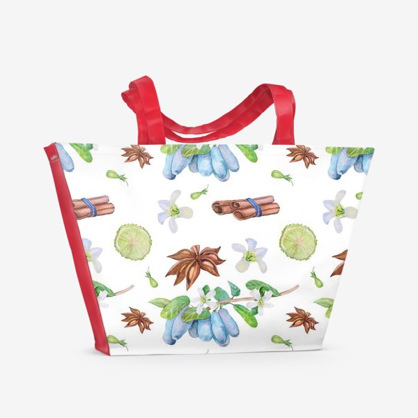 Пляжная сумка &laquo;Бесшовный рисунок, лимон, жимолость, корица, жасмин. &raquo;