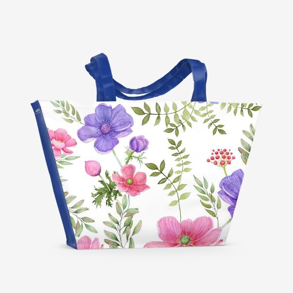 Пляжная сумка &laquo;Акварель. Бесшовный рисунок Луговые цветы. Лютики розовые и фиолетовые.&raquo;