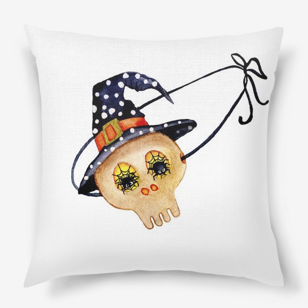 Подушка « Акварель Хэллоуин, череп в шляпе.»