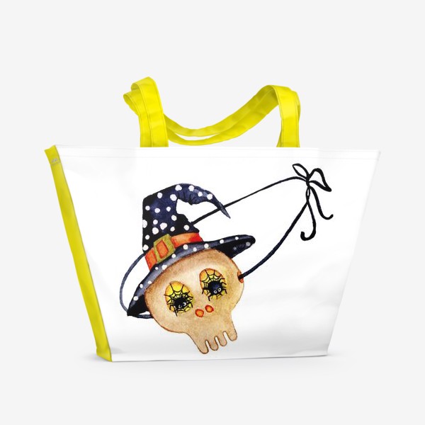 Пляжная сумка « Акварель Хэллоуин, череп в шляпе.»