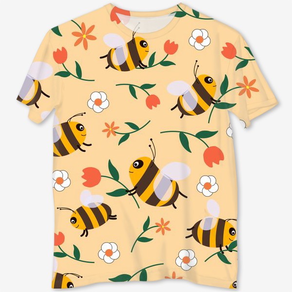 Футболка с полной запечаткой «Пчелы и цветы»