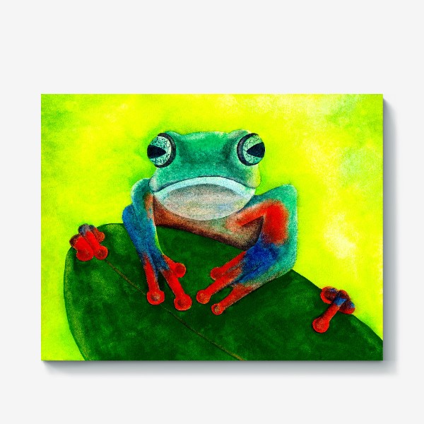 Холст «Яркая сине-оранжевая лягушка сидит на листе»