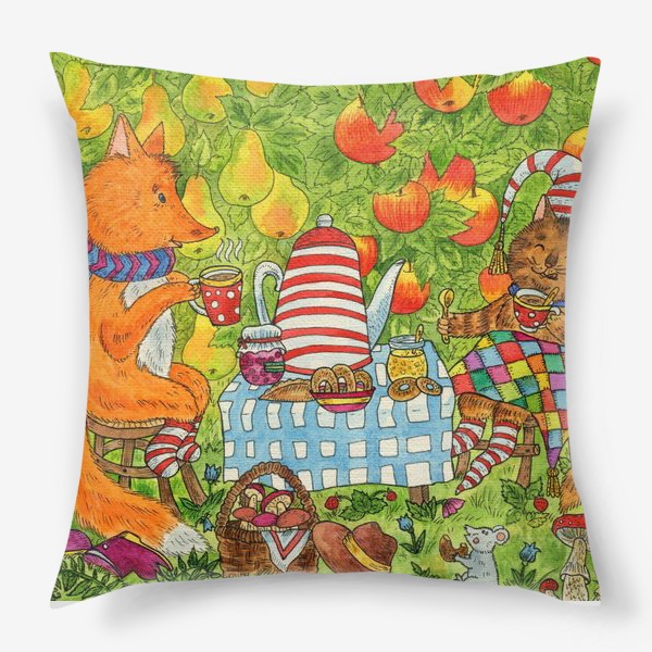 Подушка «Уютное чаепитие котика и лисенка в саду»