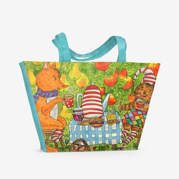Пляжная сумка «Уютное чаепитие котика и лисенка в саду»