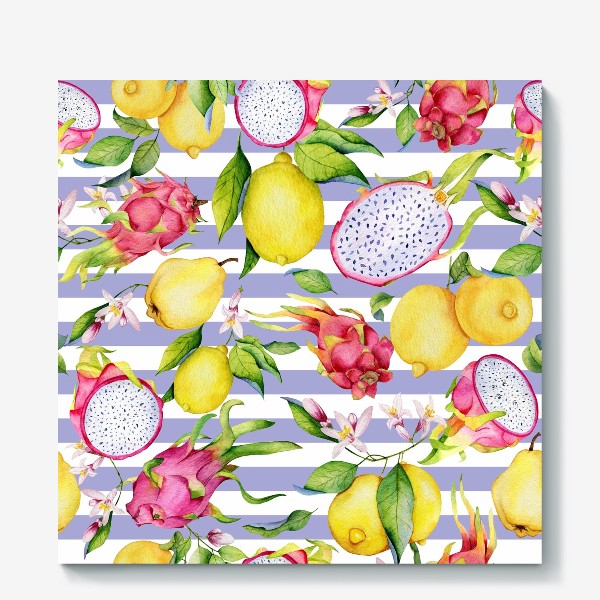 Холст &laquo;Тропические фрукты: лимоны, драгонфруты и айва акварелью&raquo;