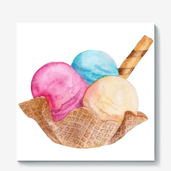 Холст «Акварель, сладкий десерт, мороженое и вафли»