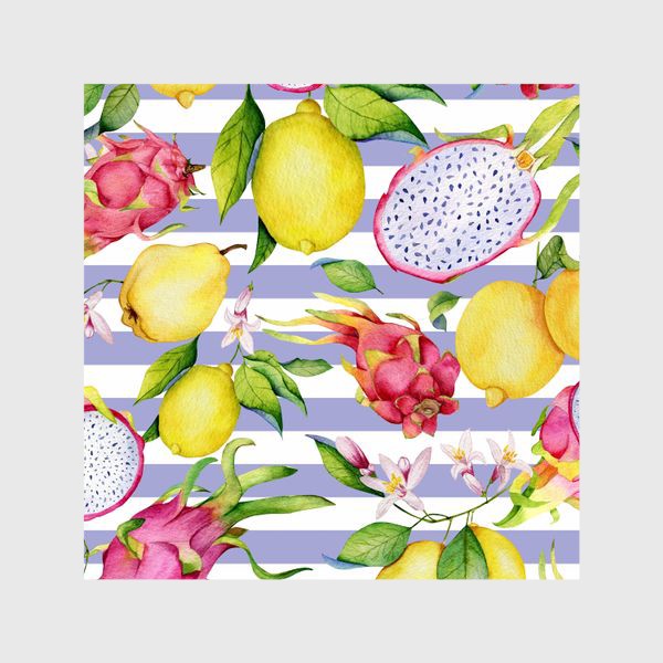 Шторы «Тропические фрукты: лимоны, драгонфруты и айва акварелью»