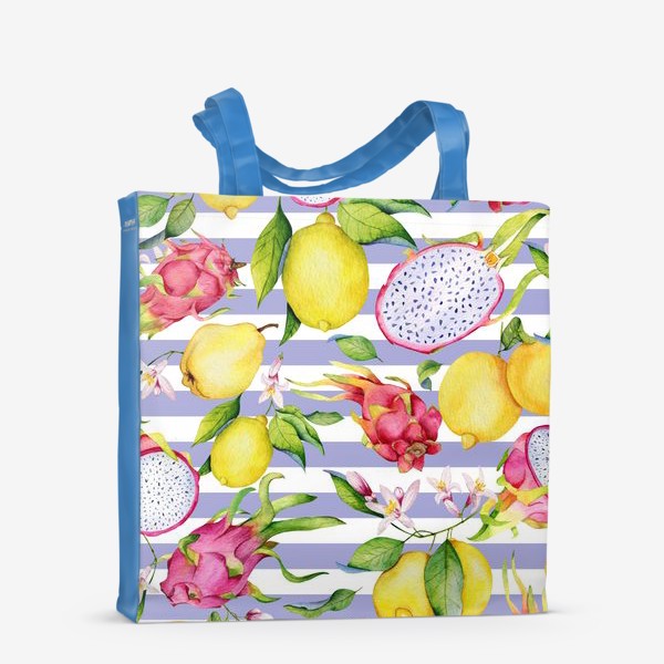 Сумка-шоппер «Тропические фрукты: лимоны, драгонфруты и айва акварелью»