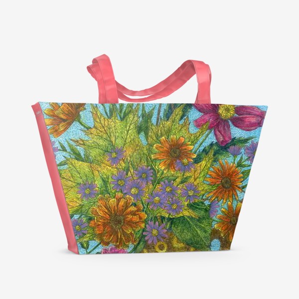 Пляжная сумка «Яркий букет цветов и листьев»