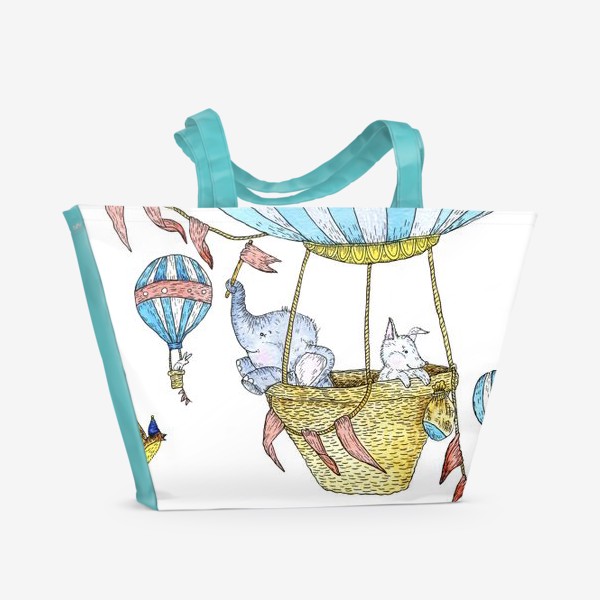 Пляжная сумка «Путешествие слонёнка и щенка на воздушном шаре»