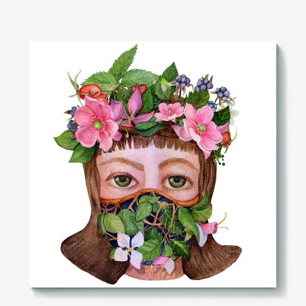 Холст «Акварель Девушка в маске из цветов»