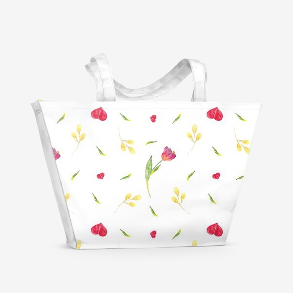 Пляжная сумка «Паттерн из акварельных тюльпанов и сердечек»