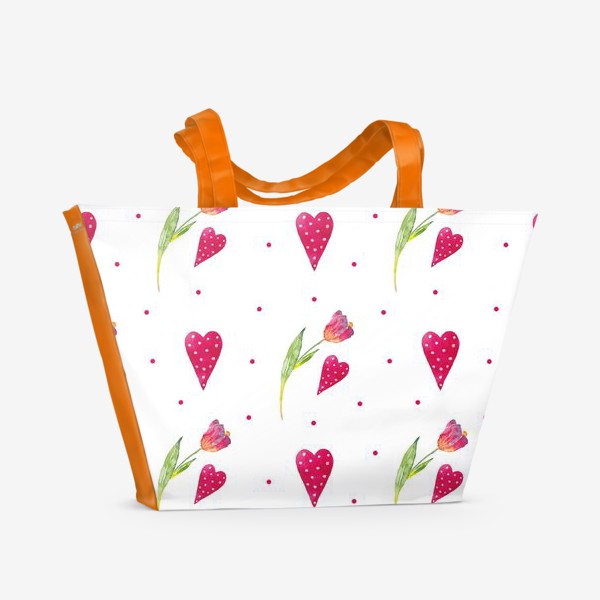 Пляжная сумка «Паттерн из акварельных тюльпанов и сердечек»
