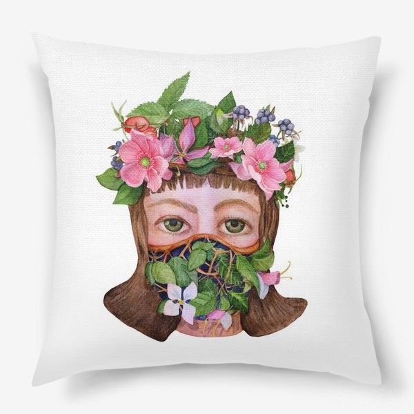 Подушка «Акварель Девушка в маске из цветов»