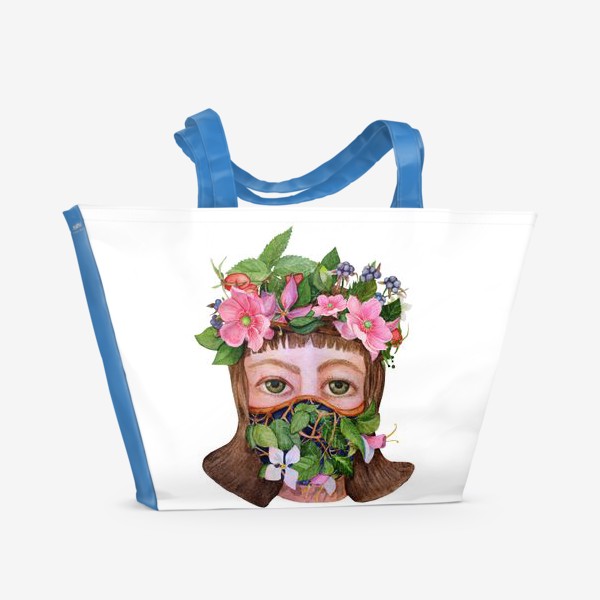 Пляжная сумка «Акварель Девушка в маске из цветов»