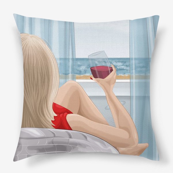 Подушка «Девушка с бокалом смотрит на море»