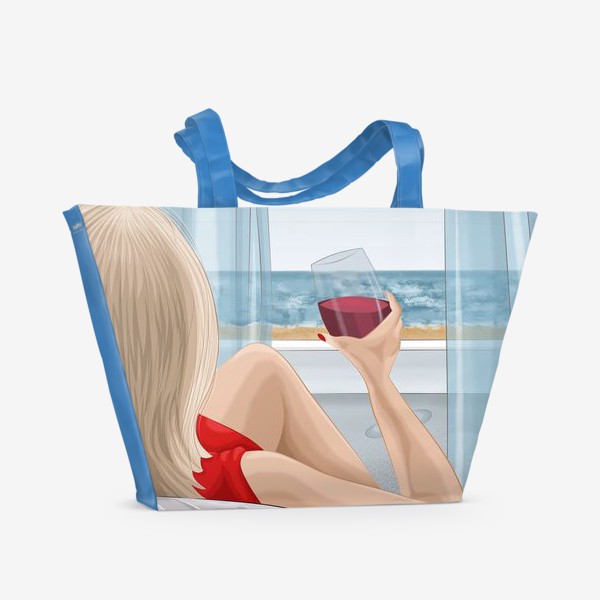 Пляжная сумка «Девушка с бокалом смотрит на море»
