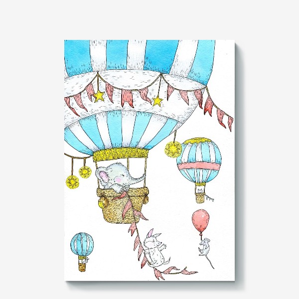 Холст «Слоник и щенок путешествуют на воздушном шаре»