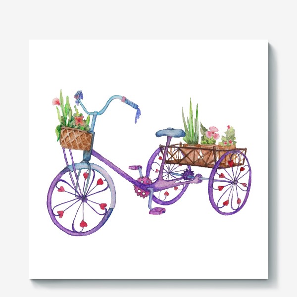 Холст «Акварель. Велосипед с цветами.»