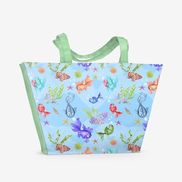 Пляжная сумка «Акварель бесшовный рисунок Рыбки голубой фон.»