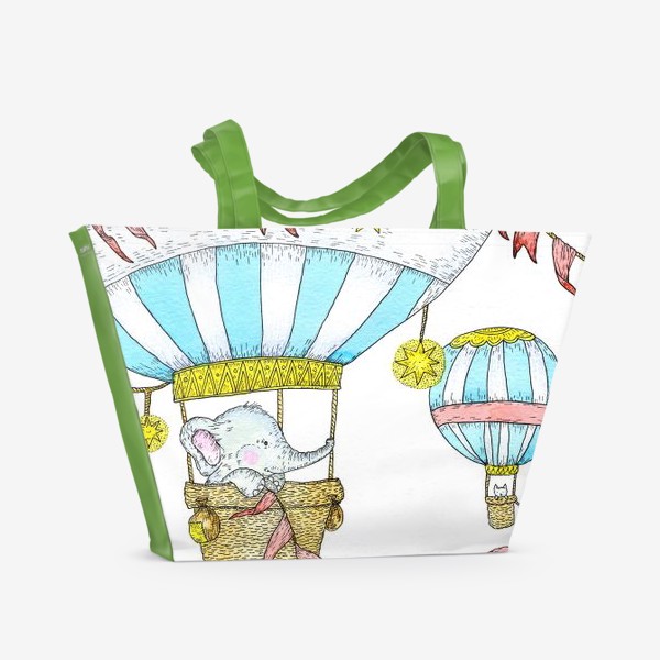 Пляжная сумка «Слоник и щенок путешествуют на воздушном шаре»