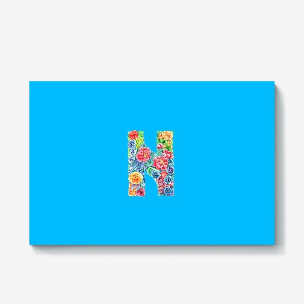 Холст «Цветочный алфавит. Буква N на голубом фоне»
