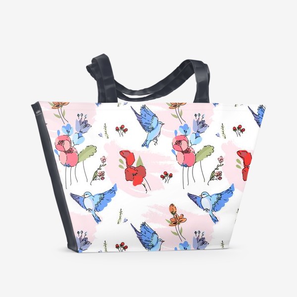 Пляжная сумка &laquo;Яркие синие птички среди цветов&raquo;