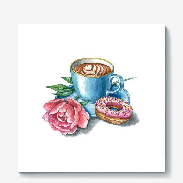 Холст «Чашка кофе пион и пончик»