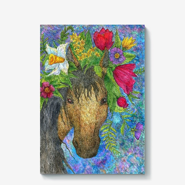 Холст «Лошадь и весенние цветы»