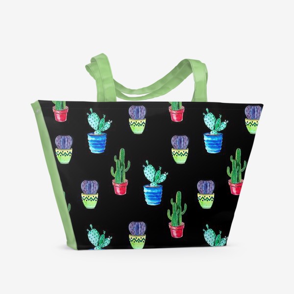 Пляжная сумка «Акварельные кактусы на черном фоне»