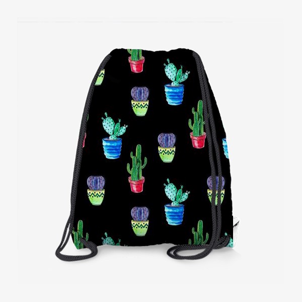 Рюкзак «Акварельные кактусы на черном фоне»