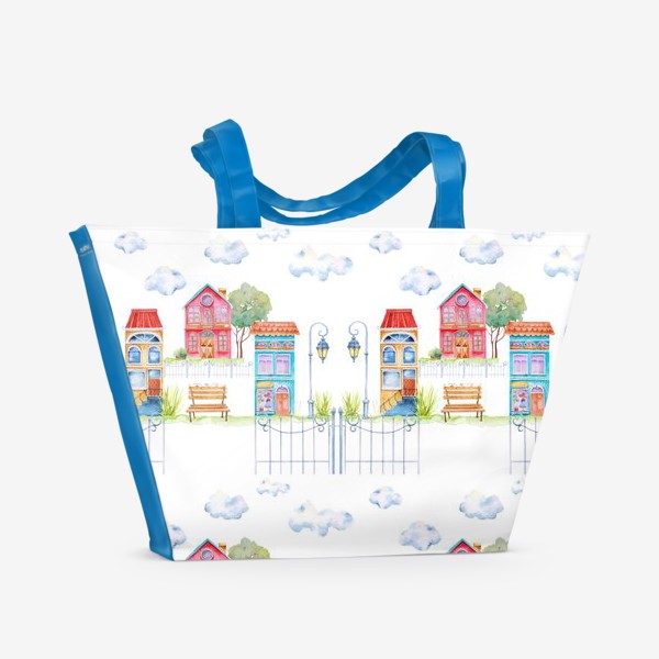 Пляжная сумка «Бесшовный рисунок Акварель городские домики»