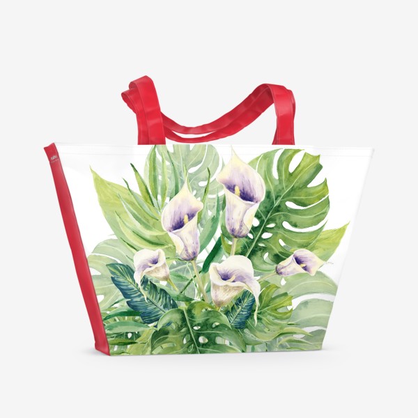 Пляжная сумка «aкварельный букет каллы и тропические растения»