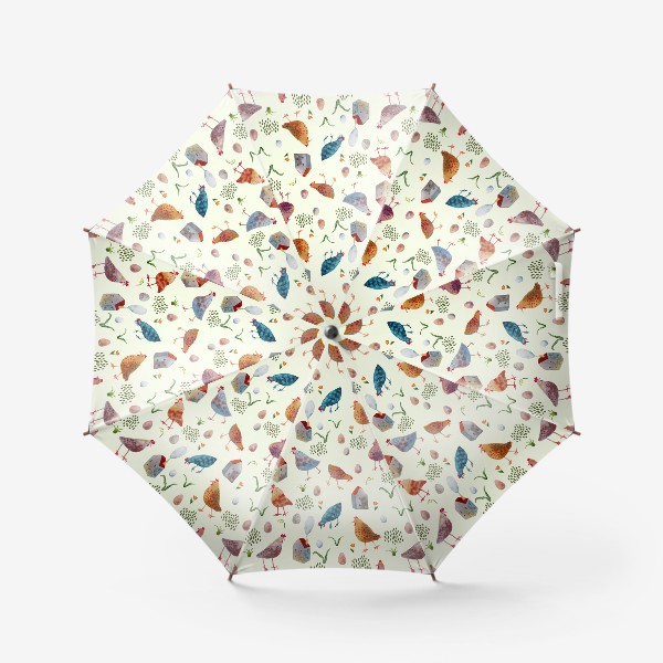 Зонт «Куры акварельные, домики, яйца и цветы»