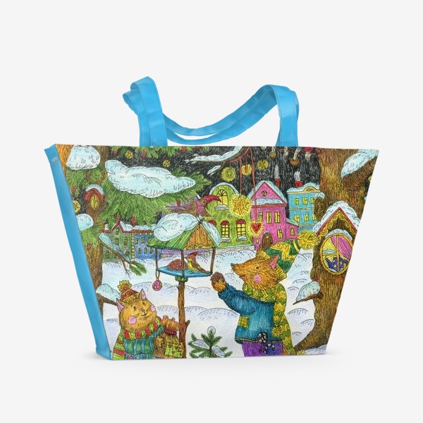 Пляжная сумка «Кот и лис в сказочном лесу»