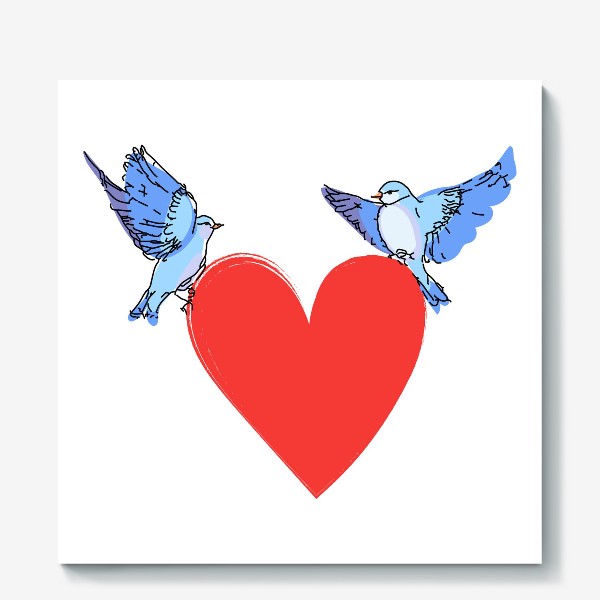 Холст &laquo;Яркие синие птички с красным сердечком&raquo;