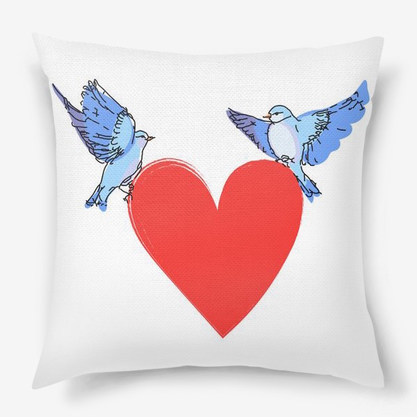 Подушка «Яркие синие птички с красным сердечком»