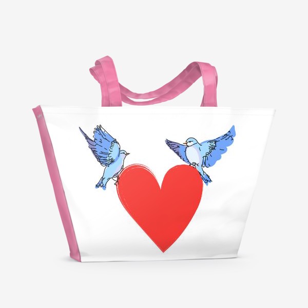 Пляжная сумка «Яркие синие птички с красным сердечком»