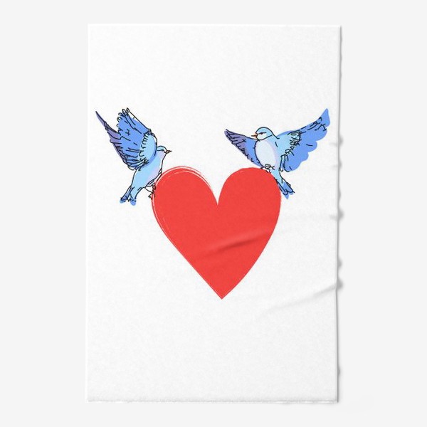 Полотенце «Яркие синие птички с красным сердечком»