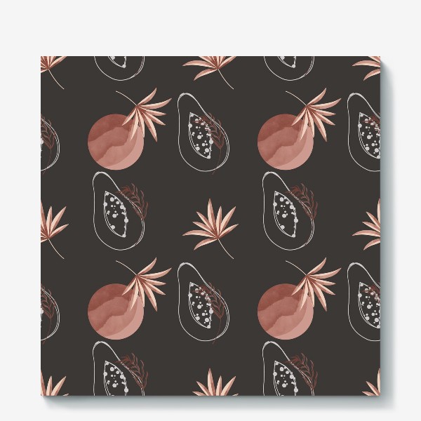 Холст «Тропический фрукт папайи контур и пальмовый лист на черном»