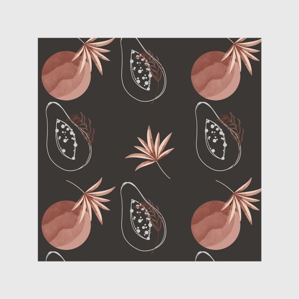 Шторы «Тропический фрукт папайи контур и пальмовый лист на черном»
