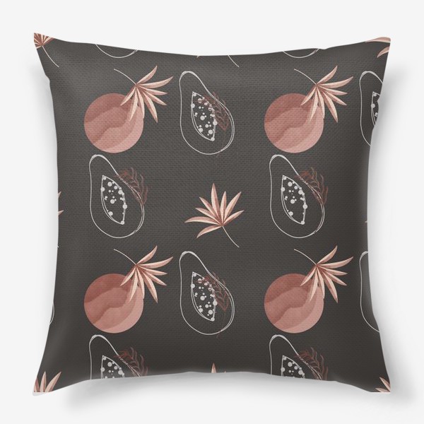 Подушка «Тропический фрукт папайи контур и пальмовый лист на черном»