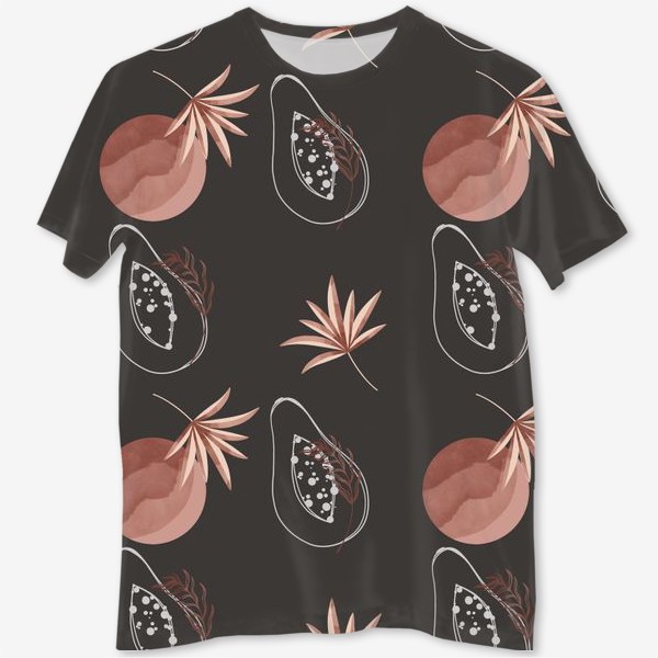 Футболка с полной запечаткой «Тропический фрукт папайи контур и пальмовый лист на черном»