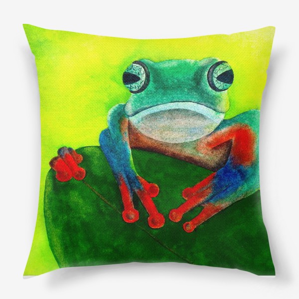 Подушка «Яркая сине-оранжевая лягушка сидит на листе»